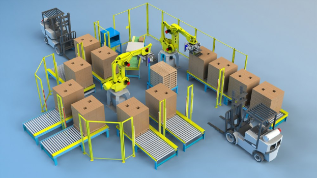 Gruppe automatisierter Roboter beim Handling von Kartonagen auf Förderbändern in einem hochmodernen Lager mit Fahrzeugen auf dem Boden.