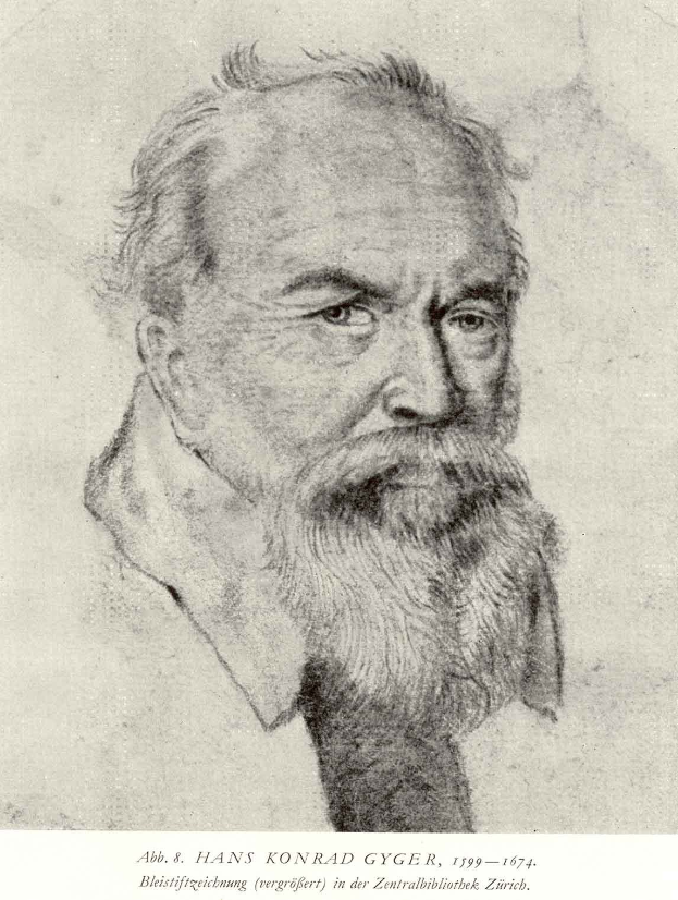 Ein Schwarz-Wei├č-Zeichnung von Hans Konrad Gyger, einem deutschen Philosophen mit einem langen Bart, mit Text unten im Bild.