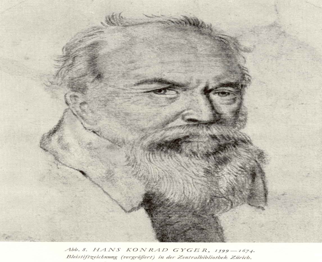 Ein Schwarz-Wei├č-Zeichnung von Hans Konrad Gyger, einem deutschen Philosophen mit einem langen Bart, mit Text unten im Bild.
