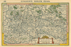 Ein altes Deutschland-Karte mit den Provinzen Pfalz und Bayern deutlich sichtbar, mit zusätzlichem Text für weitere Informationen.