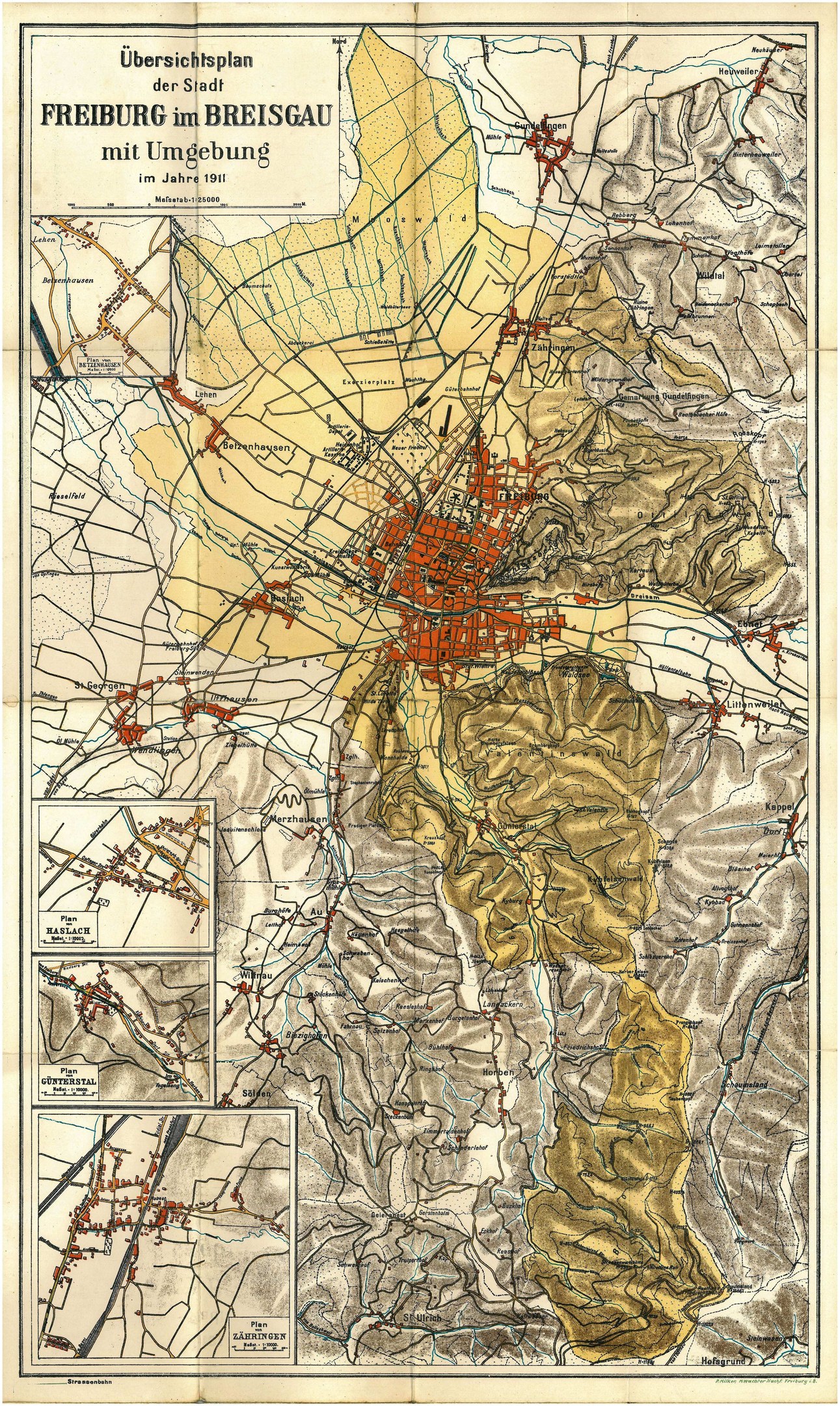 Alte detaillierte Karte von Freiburg, Deutschland, mit Text oben und unten, die Straßen, Gebäude und Sehenswürdigkeiten zeigt.