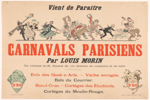 Ein Blatt mit der Überschrift "Karnevals Parisiens par Louis Morin" in fetter Schrift, das farbenfrohe Illustrationen von Menschen in bunten Kostümen und Masken bei einer lebhaften KarnevalsSzene zeigt.