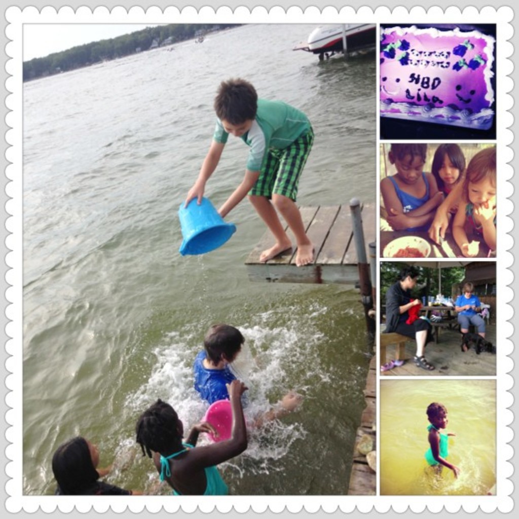 Ein Collage aus fünf Bildern: Ein Junge, der Wasser auf einen anderen kippt, mit drei Kindern im Hintergrund, ein Kuchen, drei Kinder vor einem Tisch mit einer Schößel, zwei Personen, die arbeiten, und ein Mädchen, das schwimmt.