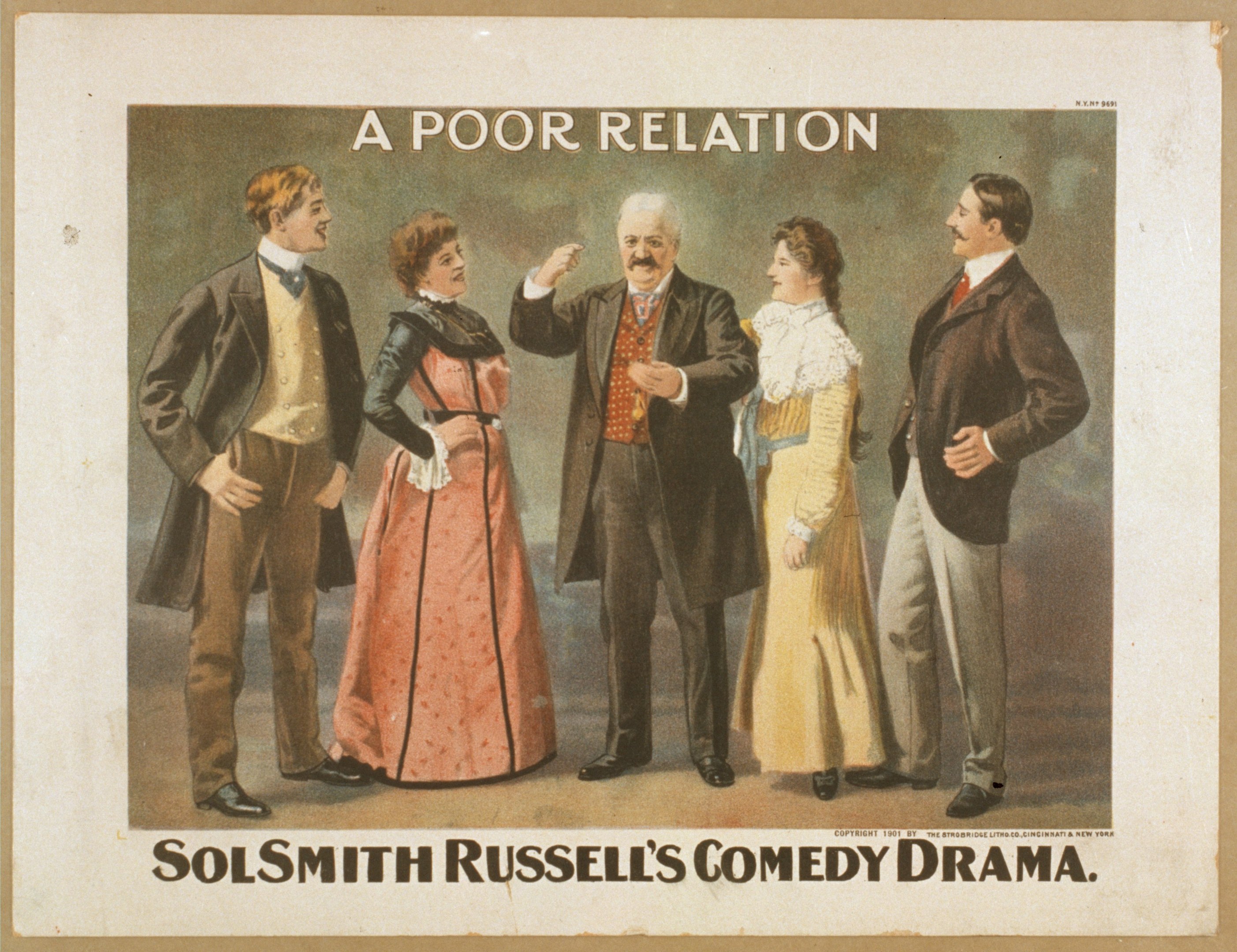 Plakat für "Sol Smith Russell's Comedy Drama: A Poor Relationship" mit einer vielfältigen Gruppe von Menschen in legerer Kleidung vor einem hellblauen Hintergrund.