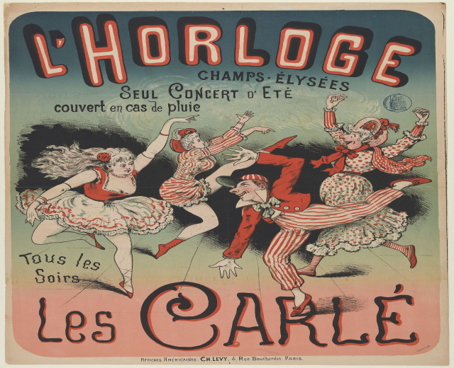 Ein farbenfrohes Konzertplakat für ein Event im Chorlage in Paris, das eine Gruppe von Menschen in bunten Kostümen mit strahlenden Gesichtern zeigt, die vor einem kräftigen gelben Hintergrund tanzen.