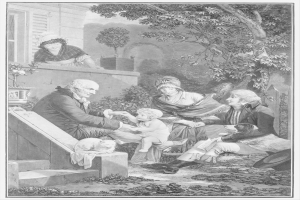 Eine Schwarz-Weiß-Gravur einer Familie, die auf den Stufen eines Hauses sitzt, mit einem Mann in der Mitte, der ein Baby hält, zwei Frauen und einem Kind auf jeder Seite, einer Treppe, die zum Haus führt, und Bäumen und einer Wand im Hintergrund.