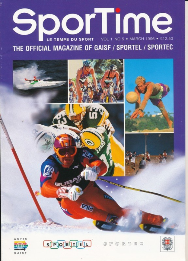 Titelbild von *Sporttime Magazine* (März 1996) mit Bildern von Skifahrern und Snowboardern sowie Text und Logos.