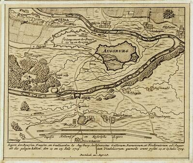 Ein detaillierter alter Stadtplan von Augsburg, Deutschland, der Straßen, Gebäude und andere Stadtmerkmale zeigt, mit Text oben und unten auf dem Papier.