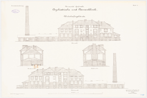 Eine Zeichnung eines mehrfenstrigen Geb"{a}udes mit einem Schornstein, das f"{u}r ein Psychiatrie-Krankenhaus in Deutschland gehalten wird, begleitet von Text, der weitere Informationen liefert.