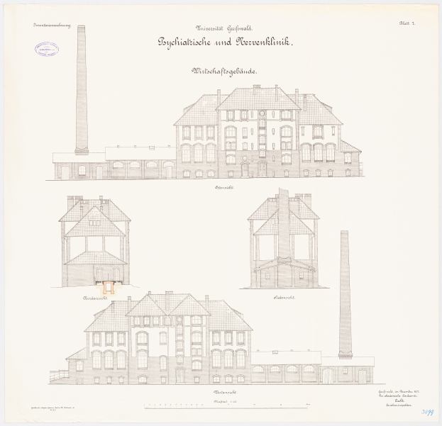 Eine Zeichnung eines mehrfenstrigen Geb"{a}udes mit einem Schornstein, das f"{u}r ein Psychiatrie-Krankenhaus in Deutschland gehalten wird, begleitet von Text, der weitere Informationen liefert.