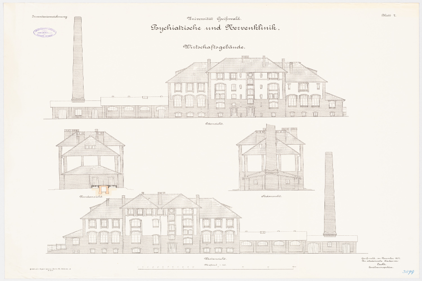Eine Zeichnung eines mehrfenstrigen Geb"{a}udes mit einem Schornstein, das f"{u}r ein Psychiatrie-Krankenhaus in Deutschland gehalten wird, begleitet von Text, der weitere Informationen liefert.