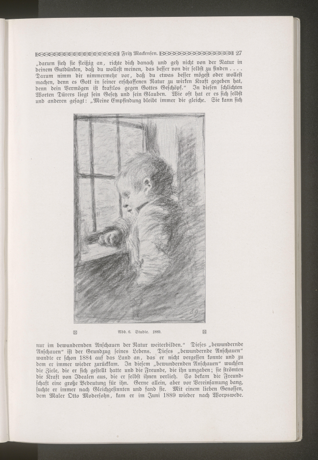 Ein aufgeschlagenes Buch auf einer flachen Oberfläche mit einer Zeichnung eines Kindes, das aus einem Fenster schaut, und begleitendem Text.