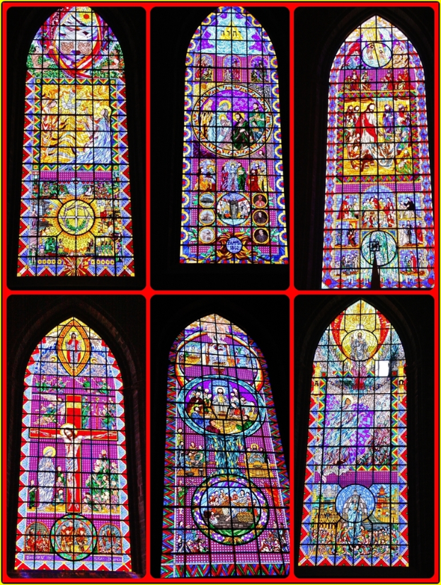 Eine Collage aus verschiedenen Glasfensterbildern, jedes mit einzigartigen Mustern und Farben.