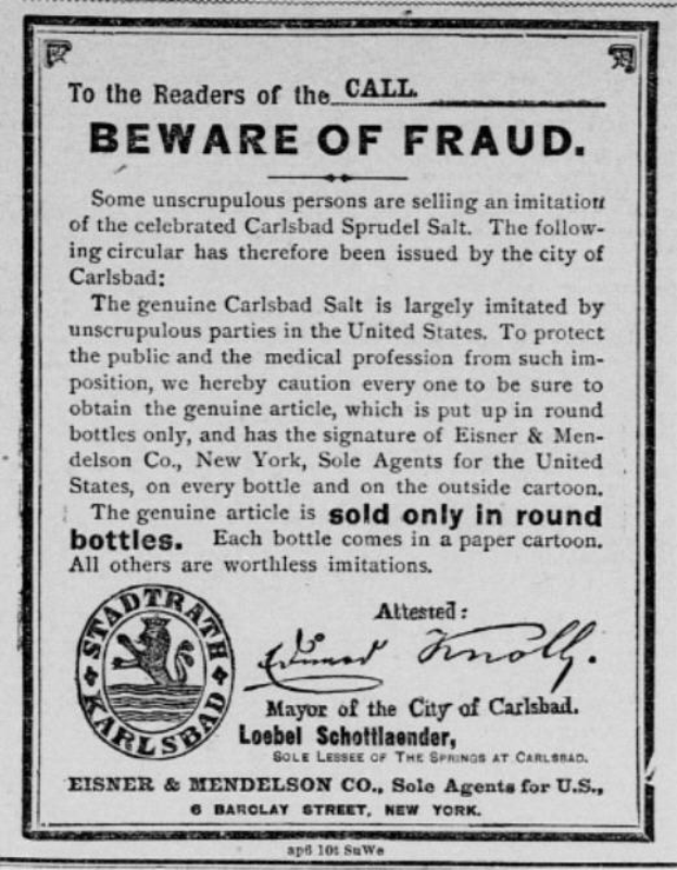 Schwarz-weißes Plakat mit Betrugswarnung und dem Text "Carlsbad Spruud Salt" und einem zugehörigen Logo.