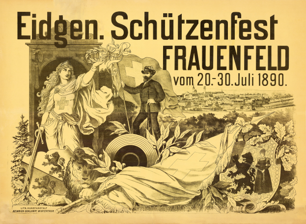 Ein Vintage-Plakat, das das Eidgen Schützenfest in Frauenfeld, Deutschland, bewirbt, zeigt einen Mann in einem Anzug und eine Frau in einem Kleid nebeneinanderstehend, mit Text, der Informationen zum Event enthält.