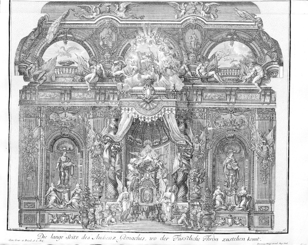 Schwarze und weiße Zeichnung eines prunkvollen Altars mit detaillierten Schnitzereien und Skulpturen, die ein königliches Design aufweisen.