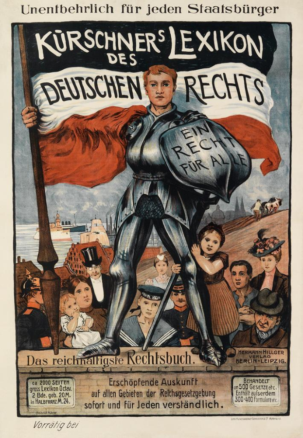 Ein deutsches Propagandaplakat für die deutsche Revolution, das eine entschlossene Frau zeigt, die eine Fahne schwingt, vor einem bewundernden Publikum, mit der Aufschrift "Kurschners Lexikon des Deutschen Rechts" oben, hauptsächlich in rot, weiß und blau