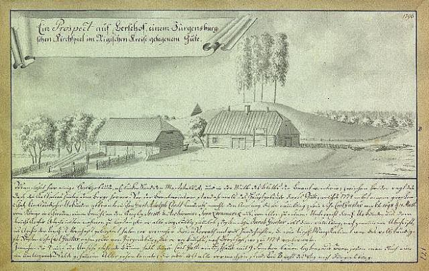 Ein altes historisches Dokument mit der Überschrift "Surgensburg, Deutschland - Landschaft einer Farm", das eine ländliche Szene mit einem Bauernhof, Feldern, verstreuten Häusern, Bäumen und einem Himmel zeigt.