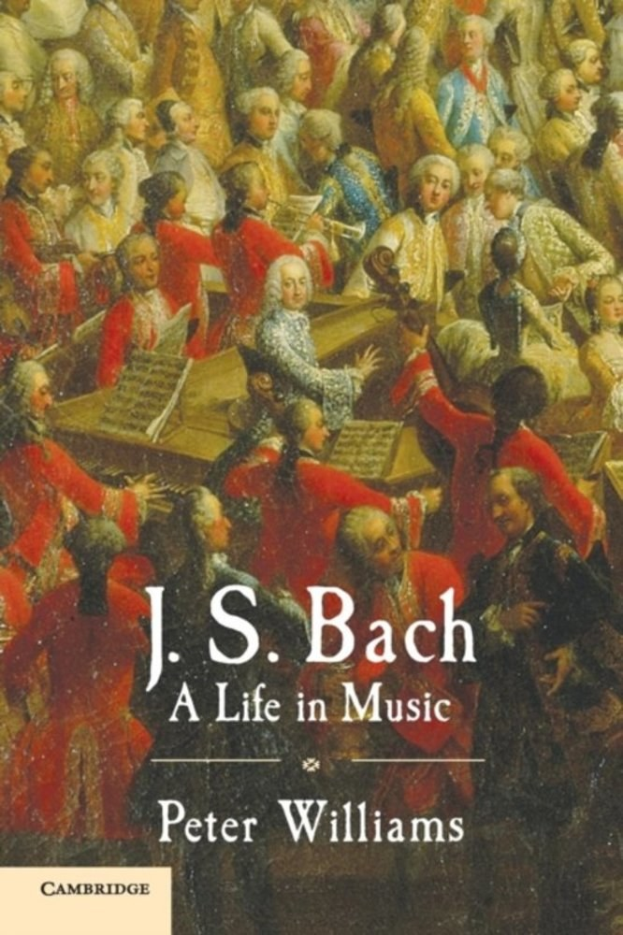 Plakat für "Ein Leben in Musik" von J.S. Bach mit einer Gruppe von Menschen, die Musikinstrumente spielen, und dem Titel darüber.