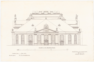 Eine detaillierte Zeichnung der Schlosshof-Fassade in Dresden, Deutschland, mit zahlreichen Fenstern und Statuen auf einem Blatt Papier mit Text.