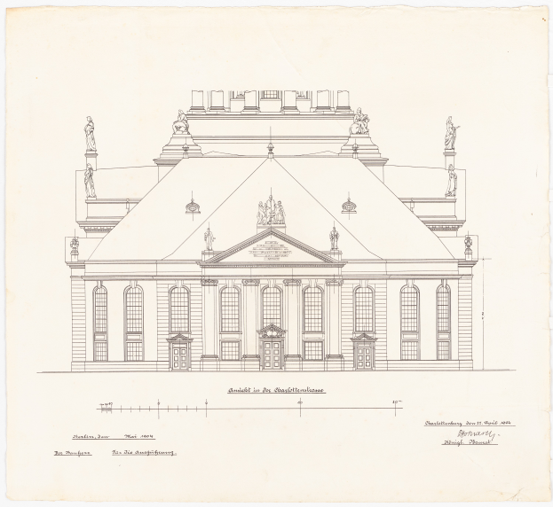 Eine detaillierte Zeichnung der Schlosshof-Fassade in Dresden, Deutschland, mit zahlreichen Fenstern und Statuen auf einem Blatt Papier mit Text.