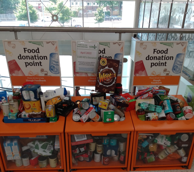 Orange Schübe mit Lebensmitteln wie Flaschen, Dosen und Kartons, neben Texttafeln, mit Fahrzeugen, Bäumen, Gebäuden und Himmel durch Glasfenster im Hintergrund.