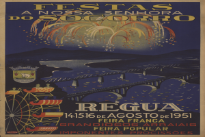 Ein Plakat, das ein Festival in Brasilien ankündigt und eine Brücke, Wasser, Hügel und Feuerwerk zeigt, mit Text, der Informationen zum Festival enthält.