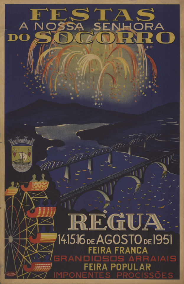 Ein Plakat, das ein Festival in Brasilien ankündigt und eine Brücke, Wasser, Hügel und Feuerwerk zeigt, mit Text, der Informationen zum Festival enthält.