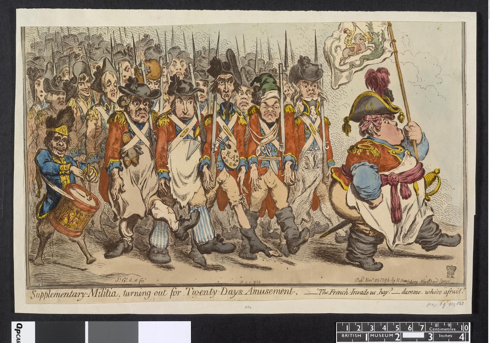 Gruppe von Männern in Militäruniformen marschiert auf einer Straße, einer hält einen Stock in der Hand, mit Text 'Ergänzender Militärdienst, Ausmarsch für Zwanzig-Tage-Vergnügen' unten.