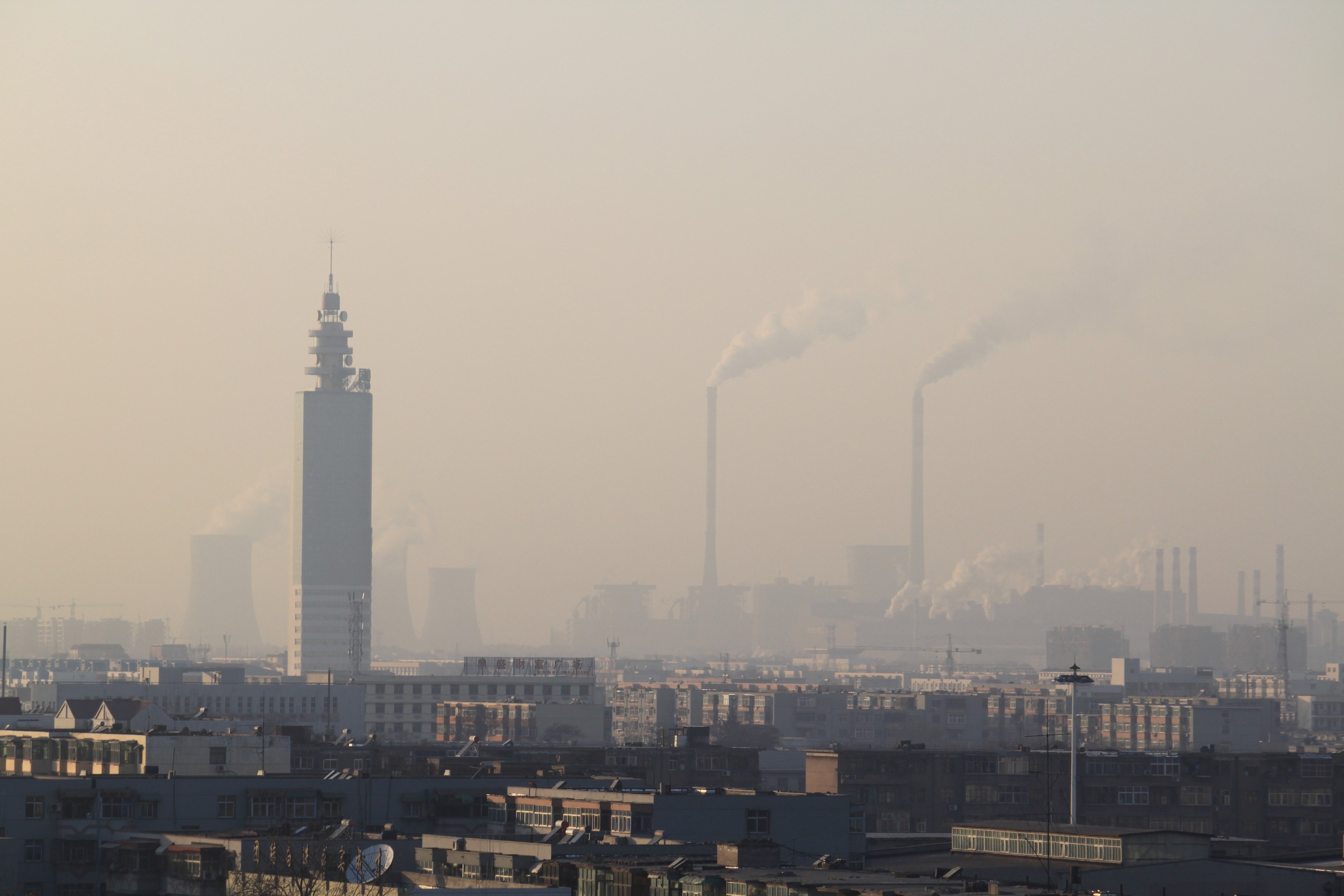 Luftaufnahme einer Stadt mit Gebäuden und Bäumen im Vordergrund, Rauch aus Schornsteinen gegen einen nebligen grauen Himmel.