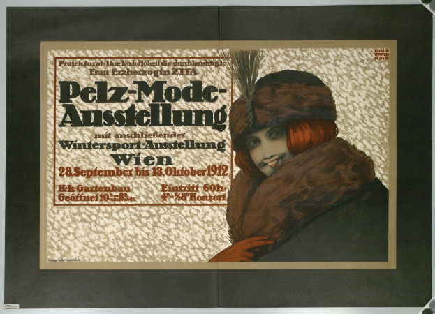 Ein Plakat, das ein Wintersportevent in Wien, Österreich bewirbt, zeigt eine lachende Frau in einem Pelzmantel und Hut mit Eventdetails.