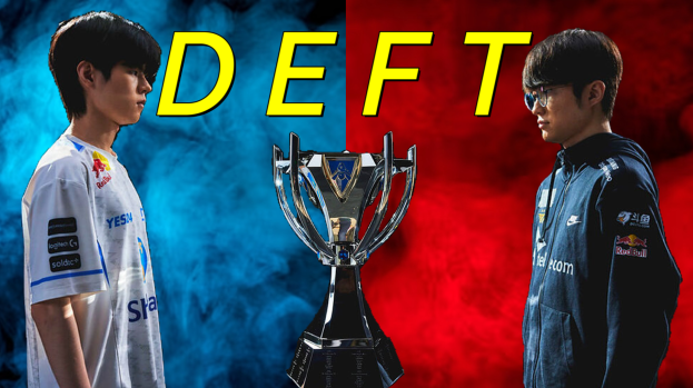 Zwei Männer stehen nebeneinander vor einem roten und blauen Hintergrund, mit einem Pokal dazwischen; der Mann links trägt ein weißes T-Shirt, der Mann in der Mitte trägt eine Brille, und der Text "League of Legends vs League of Legends" wird angezeigt.