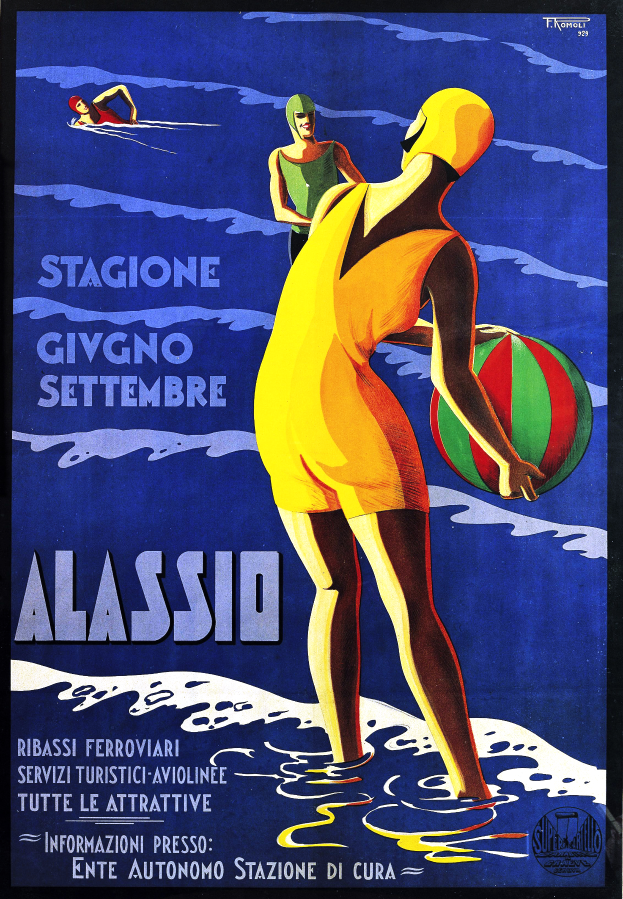 Ein Plakat für ein Schwimmereignis in Italien, das eine Person zeigt, die im Wasser steht und einen Ball hält, sowie zwei weitere Personen im Hintergrund und Text auf dem Plakat.