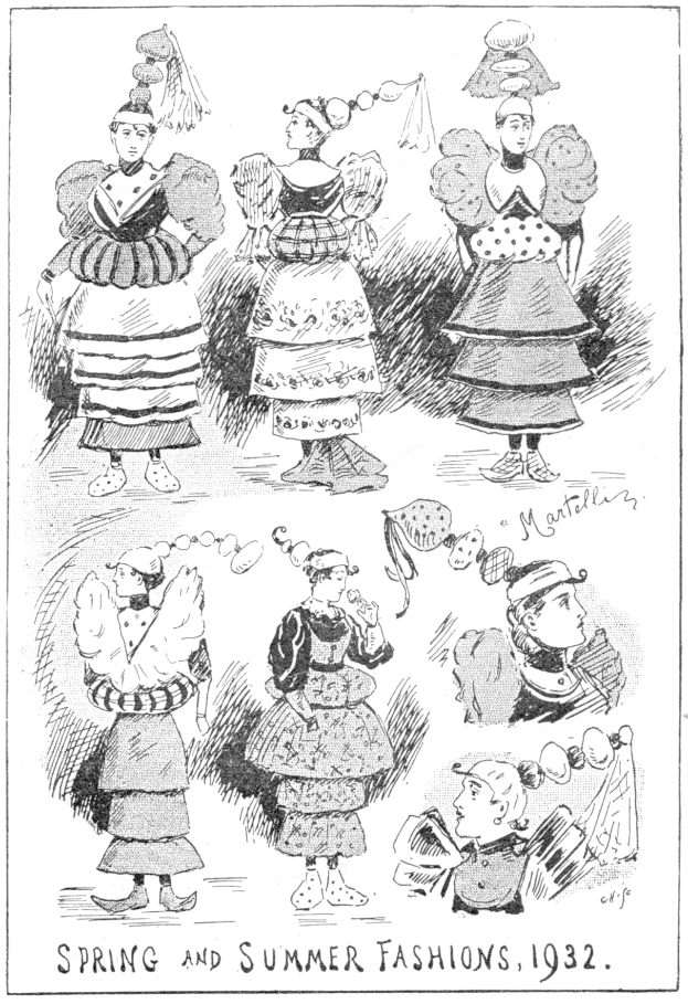 Schwarze und weiße Illustration von Frauen in Modedresses der Frühjahrs- und Sommerkollektion 1932 mit begleitendem Text.