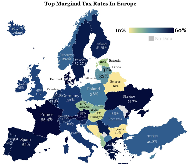 Eine Europakarte mit Farben, die die höchsten Grenzsteuersätze pro Land anzeigen und den Titel "Höchste Grenzsteuersätze in Europa" darüber.