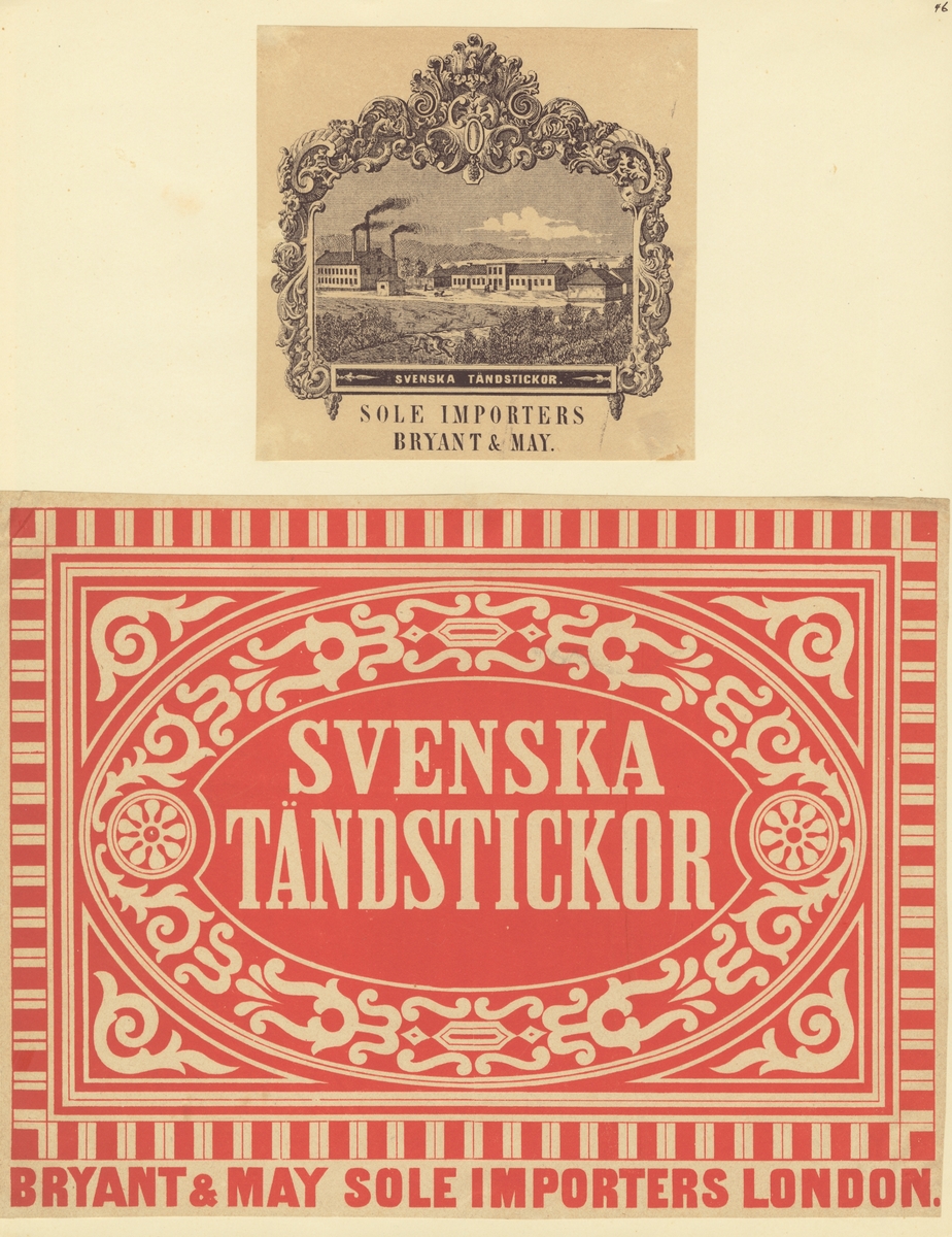 Ein Plakat mit einer Gebäude-Illustration und dem Text "Svenska Tandstickor - Bryant & May Sole Importers London".