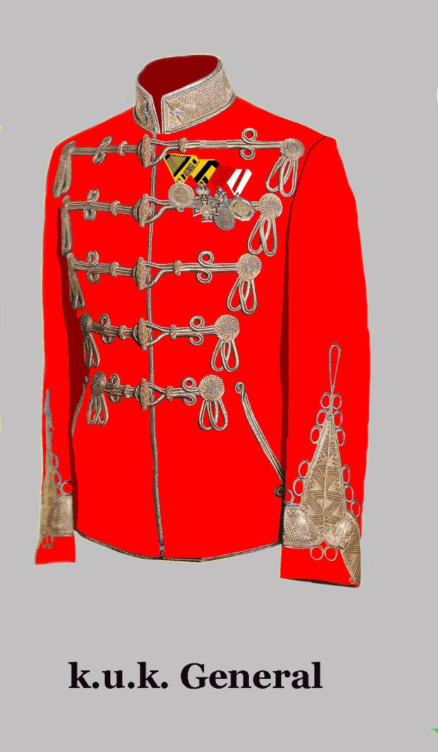 Eine rote Militärajacke mit goldener Stickerei und Text unten.