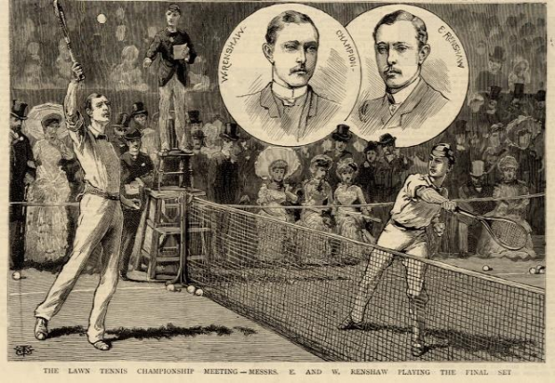 Schwarze und weiße Zeichnung von zwei Männern, die auf einem Court mit einem Netz Tennis spielen, umgeben von Zuschauern, und Text unten mit der Aufschrift "The Lawn Tennis Championship Meeting - Messers, E und W Renshaw spielen das entscheidende Spiel."