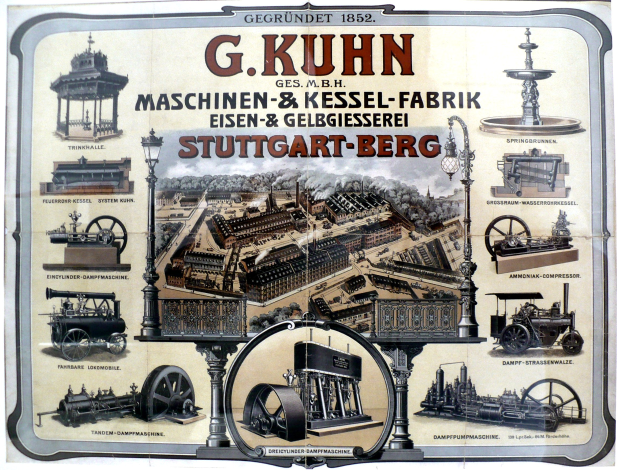 Werbung für G. Kuhn's Stuttgart-Berg Maschinenbau mit Bildern verschiedener Maschinen und begleitendem Text