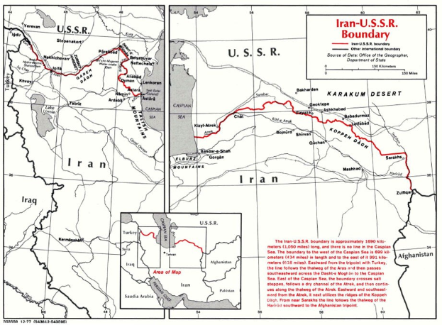 Detailierte Kartenvorlage der iranisch-sowjetischen Grenze mit geografischen Merkmalen und Grenzinformationen.