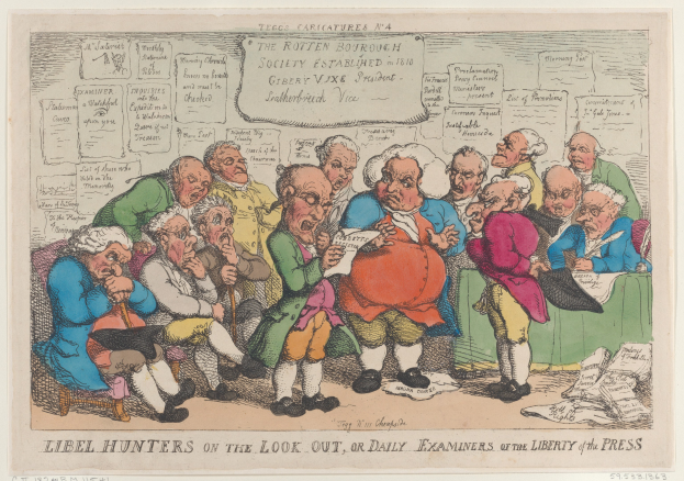 Eine Gruppe von Menschen sitzt um einen Tisch mit Papieren und Gegenständen, einer hält ein Papier in der Hand, mit Text unten: "Libel Hunters on the Look Out, or Daily Examiners of the Liberty of the Press".