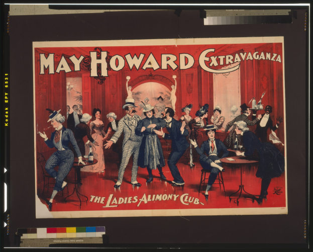 Plakat für das May Howard Extravaganza im Ladies Alimony Club, das eine Gruppe von Menschen um Tische versammelt zeigt.