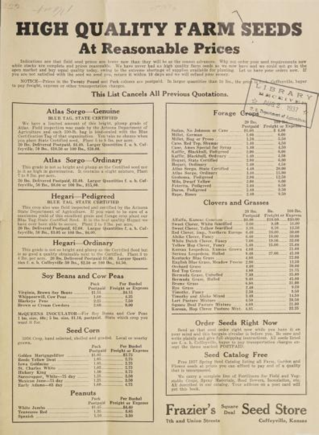 Altes Buch mit Liste hochwertiger Farmsaatgut zu günstigen Preisen von Frazier's Seed Store in Coffeyville, Kansas, 1927.