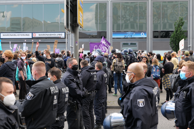 Große Gruppe von Menschen protestiert vor einem Gebäude, einige halten Schilder und tragen Helme, mit einem Pfahl und einem Schild im Vordergrund und einem Baum im Hintergrund.