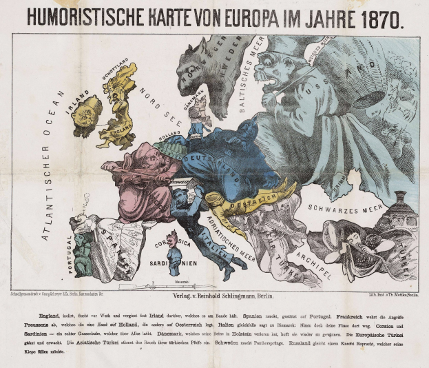 Ein Plakat mit einer Europa-Karte von 1870, umgeben von Cartoon-Bildern und dem Text 'Humoristische Karte von Europa im Jahre 1870'.