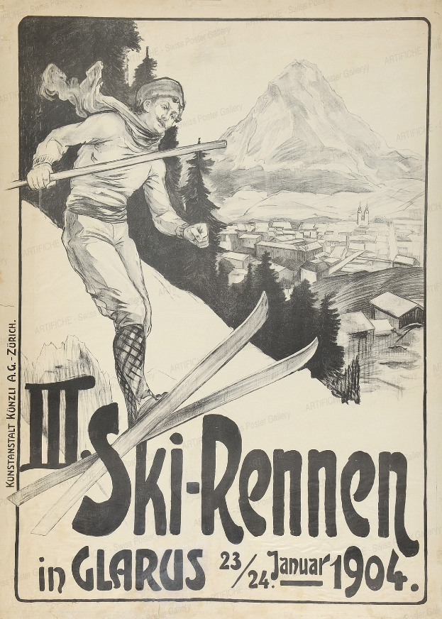 Ein Vintage-Plakat, das eine Skigebiet in Glarus, Schweiz, bewirbt und einen Skifahrer zeigt, der von Bäumen, Häusern und Bergen umgeben ist, mit Text, der Informationen zum Skigebiet enthält.