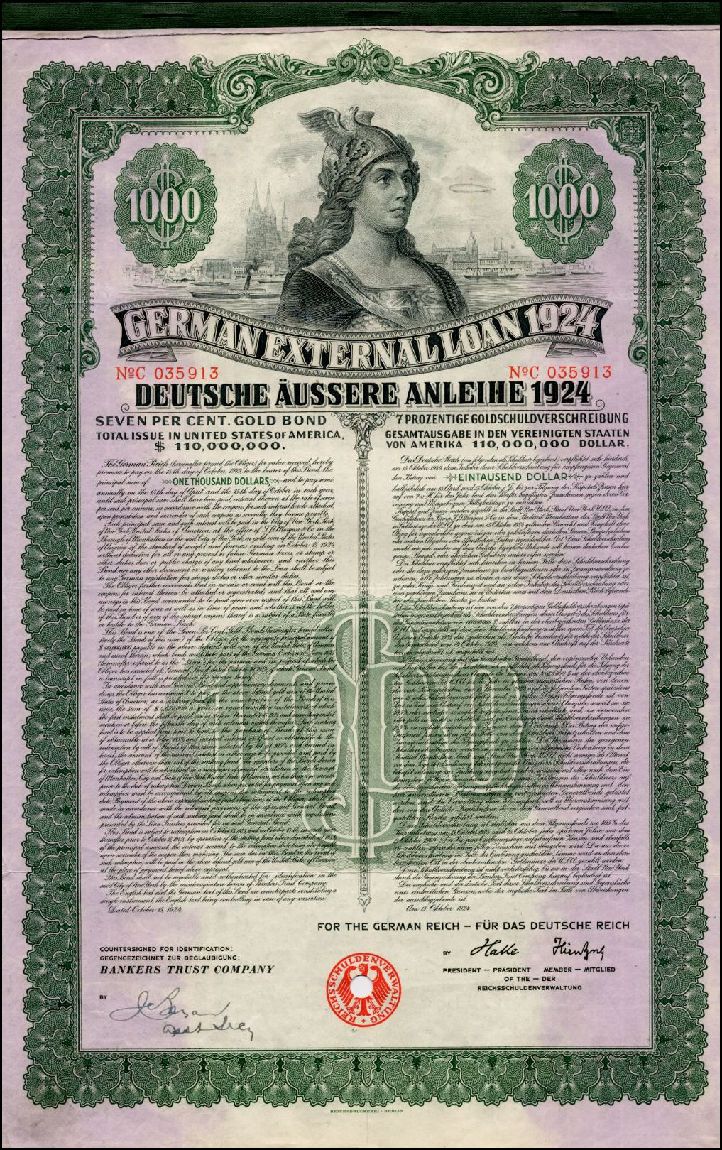 Eine 1924 deutsche Auslandsdarlehen-Banknote mit einer Frau, mit Text und Zahlen, die ihre Nennwert angeben.