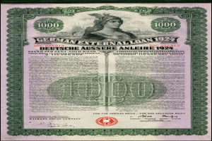 Eine 1924 deutsche Auslandsdarlehen-Banknote mit einer Frau, mit Text und Zahlen, die ihre Nennwert angeben.