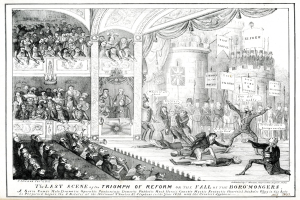 Ein Schwarz-Weiß-Zeichnung einer vollen Theater-Szene mit Menschen, die stehen, sitzen und auf dem Boden liegen, und einer Person auf der rechten Seite, die ein Schild hält, auf dem "Die letzte Szene des Triumphs der Reform oder der Fall der Boro Mongers" steht.