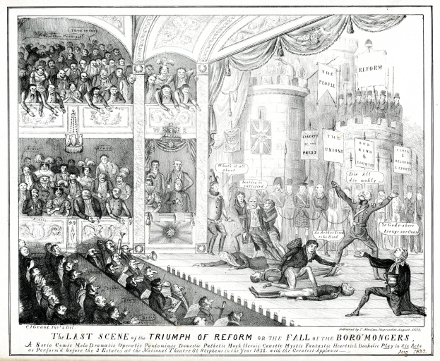 Ein Schwarz-Weiß-Zeichnung einer vollen Theater-Szene mit Menschen, die stehen, sitzen und auf dem Boden liegen, und einer Person auf der rechten Seite, die ein Schild hält, auf dem "Die letzte Szene des Triumphs der Reform oder der Fall der Boro Mongers" steht.